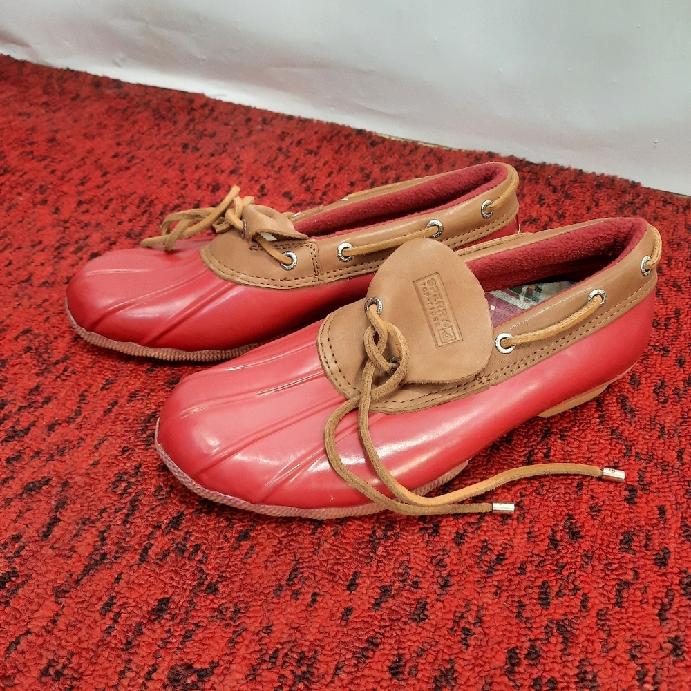 Sperry Wo's Womens Topsider Waterproof  Rubber Boots Slip on Red Tan Size 7.5
